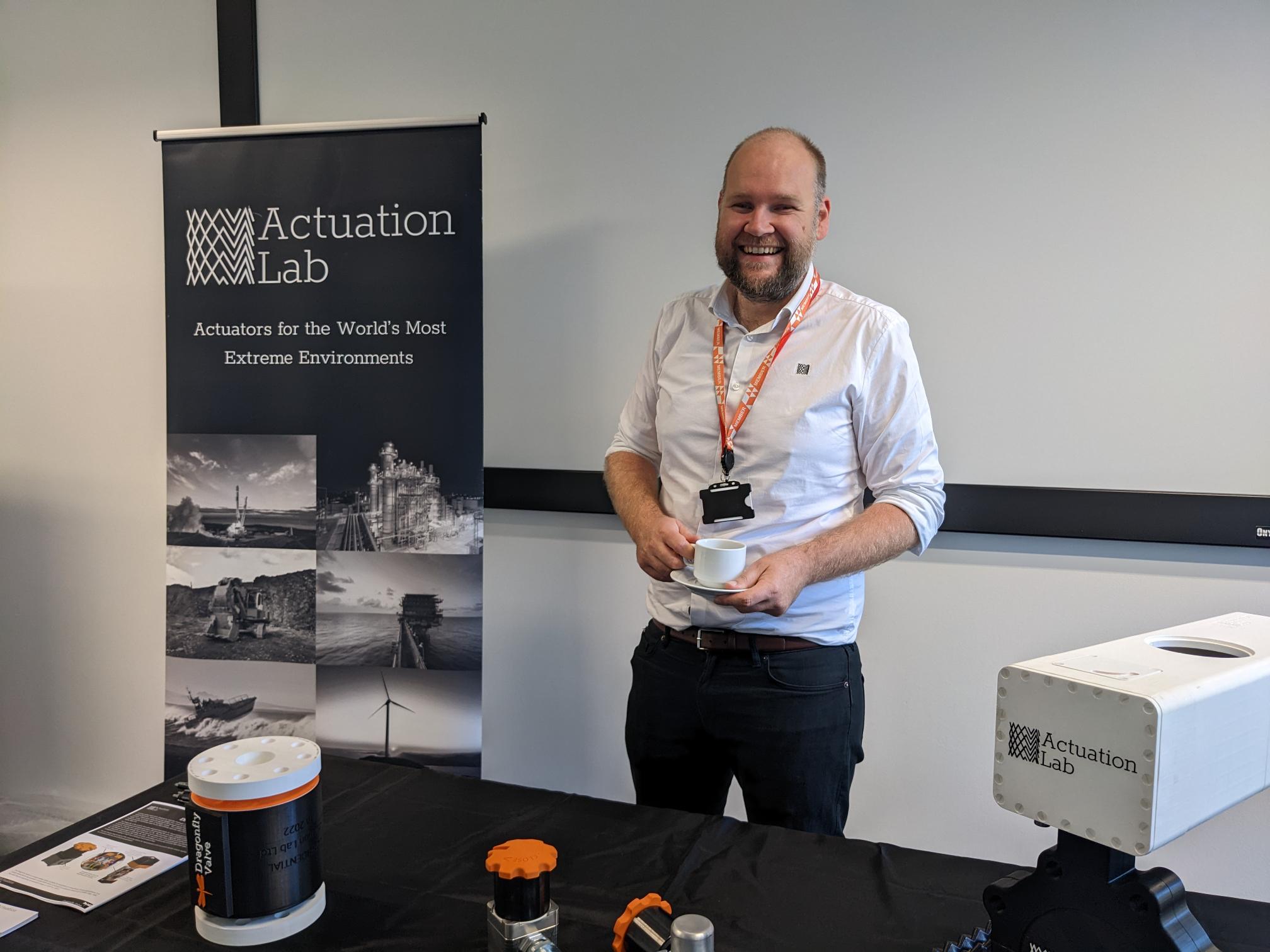 Our CTO Michael Dicker, coffee in hand, manning the Actuation Lab stand at the BVAA Desktop event
